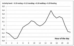Diurnal variations of activity levels in 350 cows observed for 5 months.